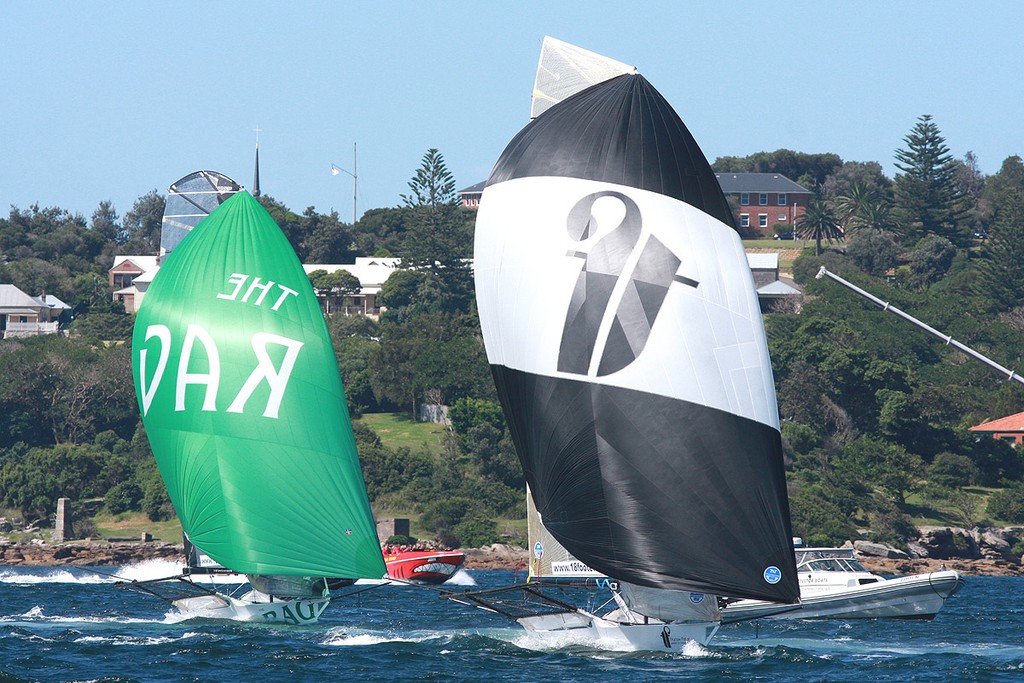 Thurlow Fisher & The Rag were battling early in the race - Giltinan 18ft Skiff Championship 2012 © Frank Quealey /Australian 18 Footers League http://www.18footers.com.au